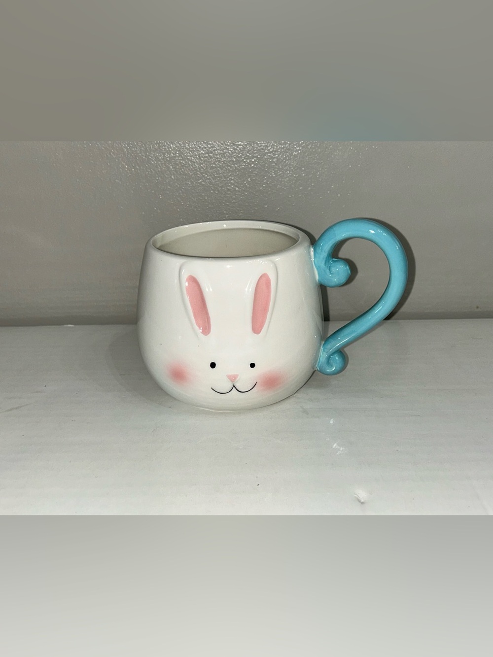 White Bunny Ceramic Mug with Blue Handle